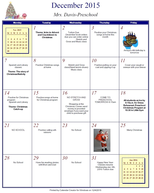 Monthly Calendar Holy Name Preschool